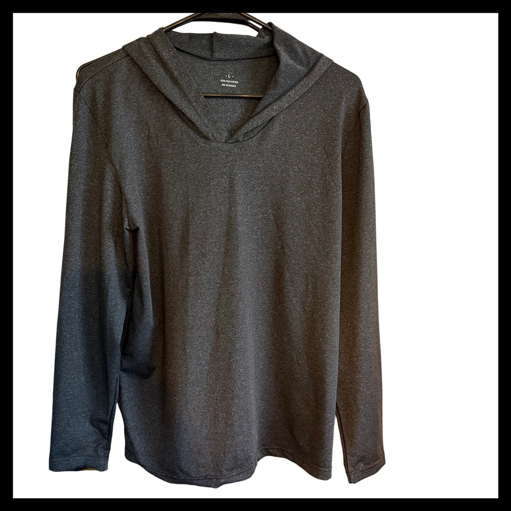 Men's Dark Gray Long Sleeve Hoodie T-Shirt Athletic Fit Size L
